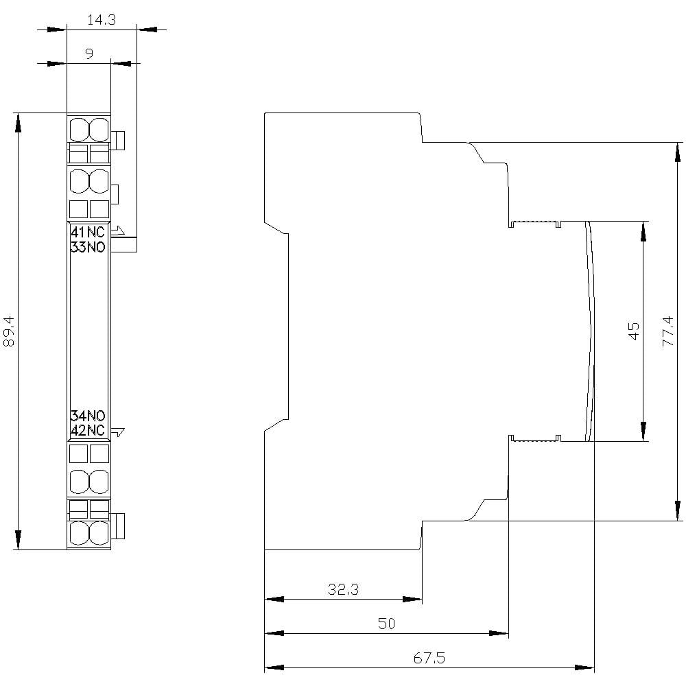 Technický výkres spínacieho zariadenia s podrobnými rozmermi na stranách a čelnom pohľade.