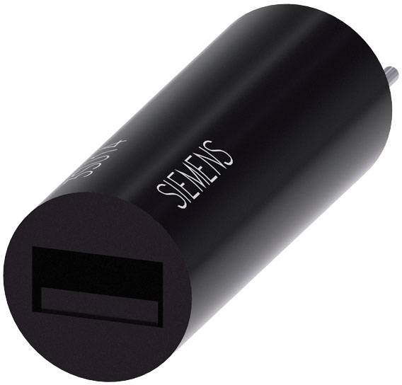 Čierny USB nabíjací adaptér s nápisom 'Siemens', valcovitého tvaru, s USB portom viditeľným na prednej strane.