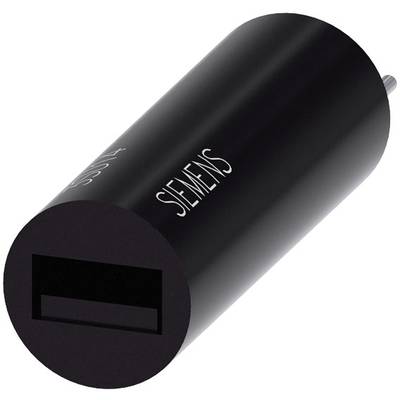 Čierny USB nabíjací adaptér s nápisom 'Siemens', valcovitého tvaru, s USB portom viditeľným na prednej strane.