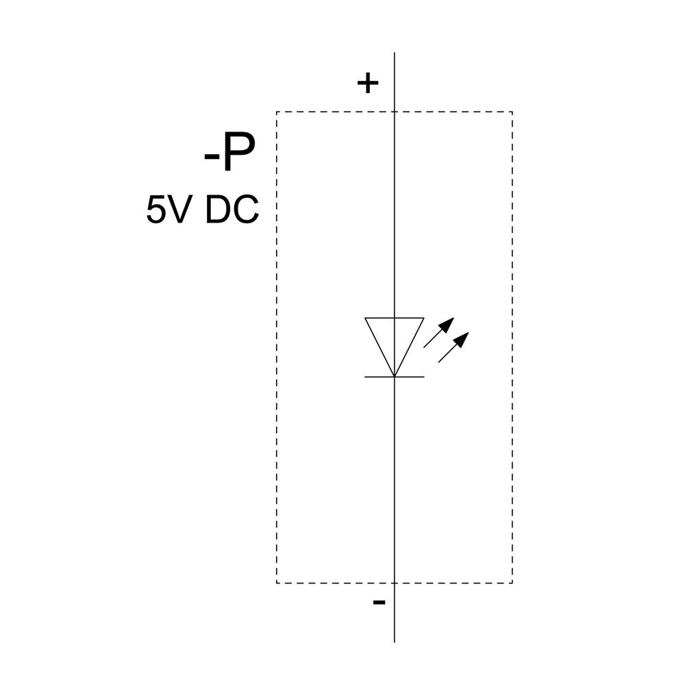 Spínací symbol LED diódy napájanej 5 V jednosmerným prúdom. Kladné a záporné svorky sú označené.