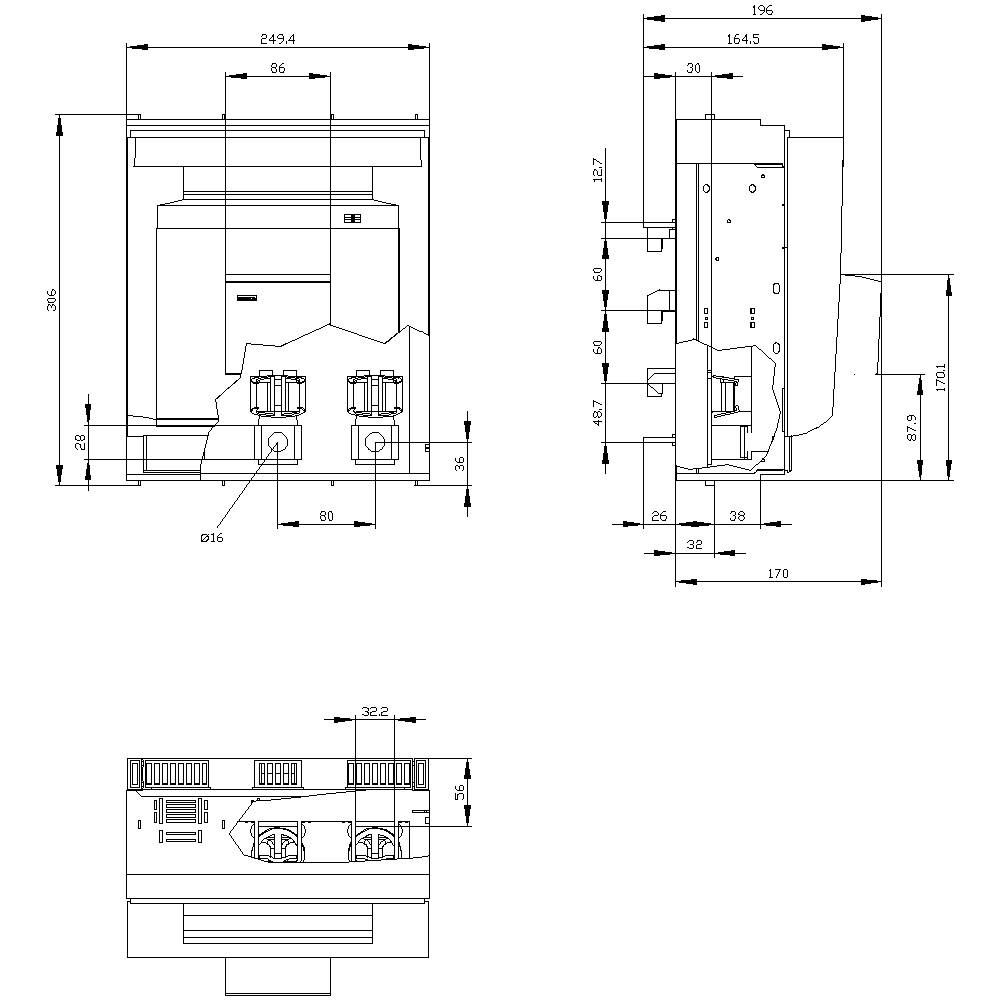Diagram elektrickej schémy s rozmermi v milimetroch na troch pohľadoch: čelný, bočný a pohľad zhora.
