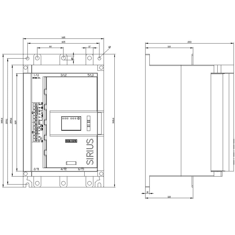Technický diagram dvoch pohľadov elektrického zariadenia s podrobnými rozmermi.