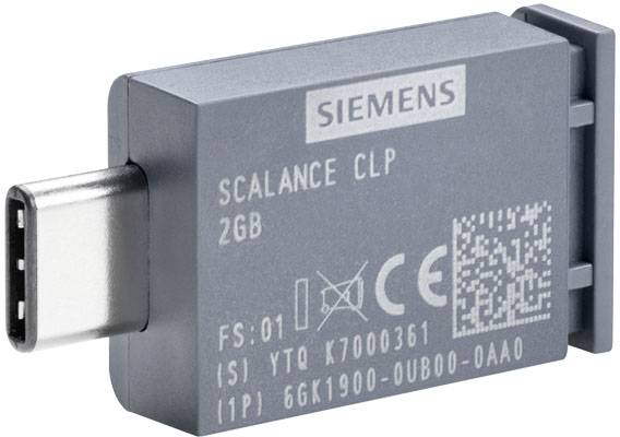 Siemens Scalance CLP 2GB, USB-C kľúč s QR kódom, sériovým číslom a technickými špecifikáciami na sivom kryte.