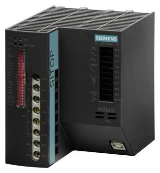 Čierne napájacie zariadenie Siemens SITOP s viacerými konektormi a LED indikátormi na prednej strane.