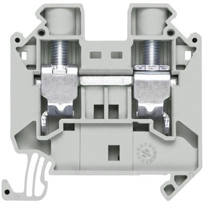 Šedý, obdĺžnikový elektrický rozvodný box z plastu s dvoma kovovými skrutkovacími svorkami.