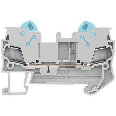 Šedý elektrický rozvodný box s modrými skrutkovými uzávermi. Obsahuje kovové kontakty na upevnenie elektrických vodičov.