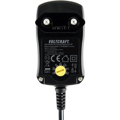 Elektronické zariadenie s čiernym krytom, žltým otočným gombíkom na nastavenie napätia a striebornými kontaktmi. Označenie 'Voltcraft'.