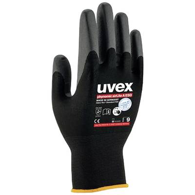 Čierná rukavica značky 'Uvex', model airLite A ESD, vyrobená v Nemecku, veľkosť 9, označená ochrannými symbolmi.