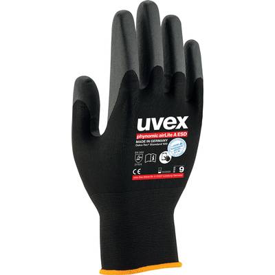 Čierny pracovný rukavica s logom uvex a nápisom 'phynomic airLite A ESD, Made in Germany'. Obsahuje CE označenie a veľkosť 9.