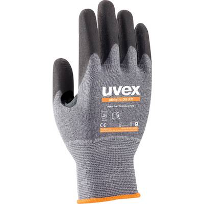 Sivá pracovná rukavica s čiernou dlaňou a končekmi prstov, oranžový nápis 'uvex athletic D5 XP', ochranné symboly.