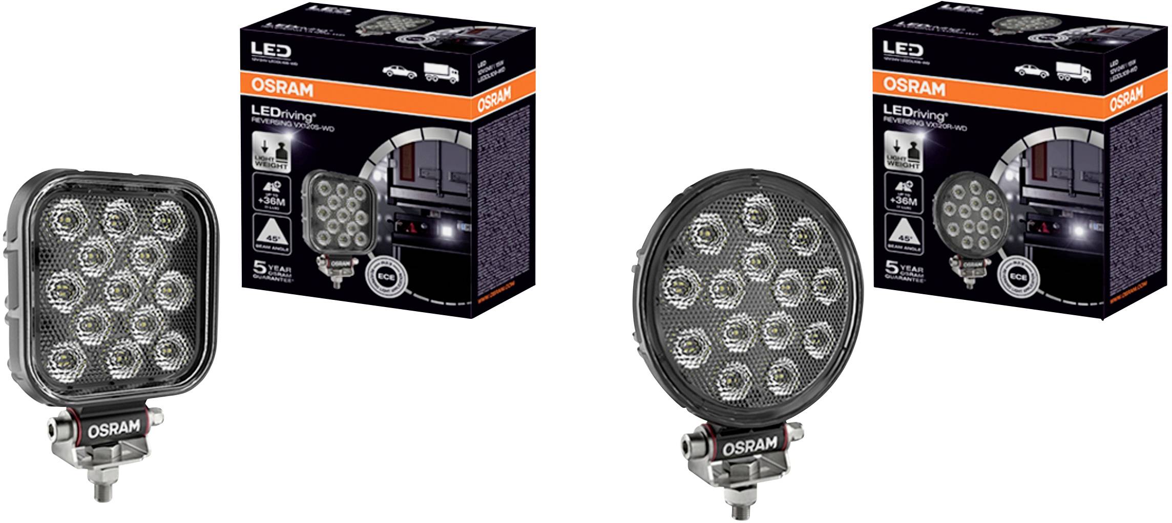 Dve OSRAM LED pracovné svietidlá v štvorcovom a kruhovom tvare. Obaly zobrazujú detaily ako svietivosť a energetickú efektivitu.