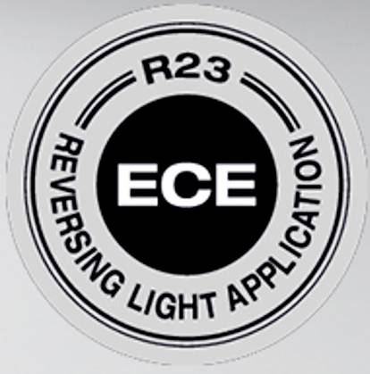 Logo pre 'ECE R23 Reverzné svetlo - Aplikácia', zobrazuje okrúhlu plaketu s písmenami 'ECE' v strede.