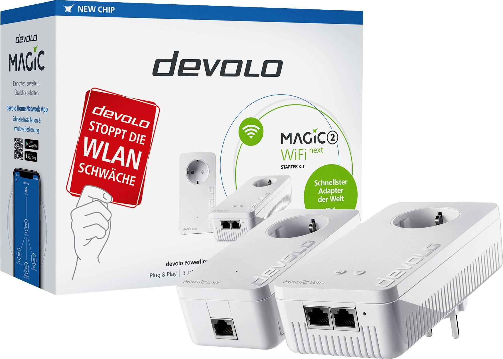Adaptér 'devolo Magic 2 WiFi next' vo vnútri a mimo obalu; sľubuje rýchlejšie pripojenie a elimináciu slabých miest Wi-Fi siete.