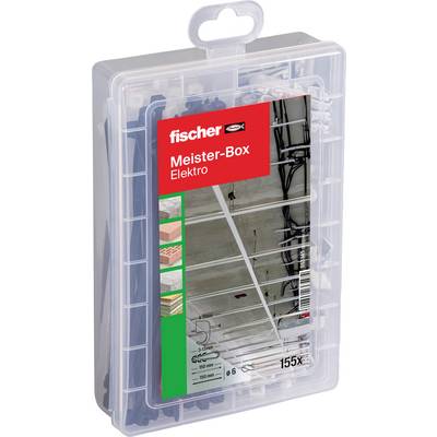 Plastová úložná krabica s označením „fischer Meister-Box Elektro" s priehľadným predným panelom zobrazujúcim rozmanité elektroinstalačné materiály vo vnútri.