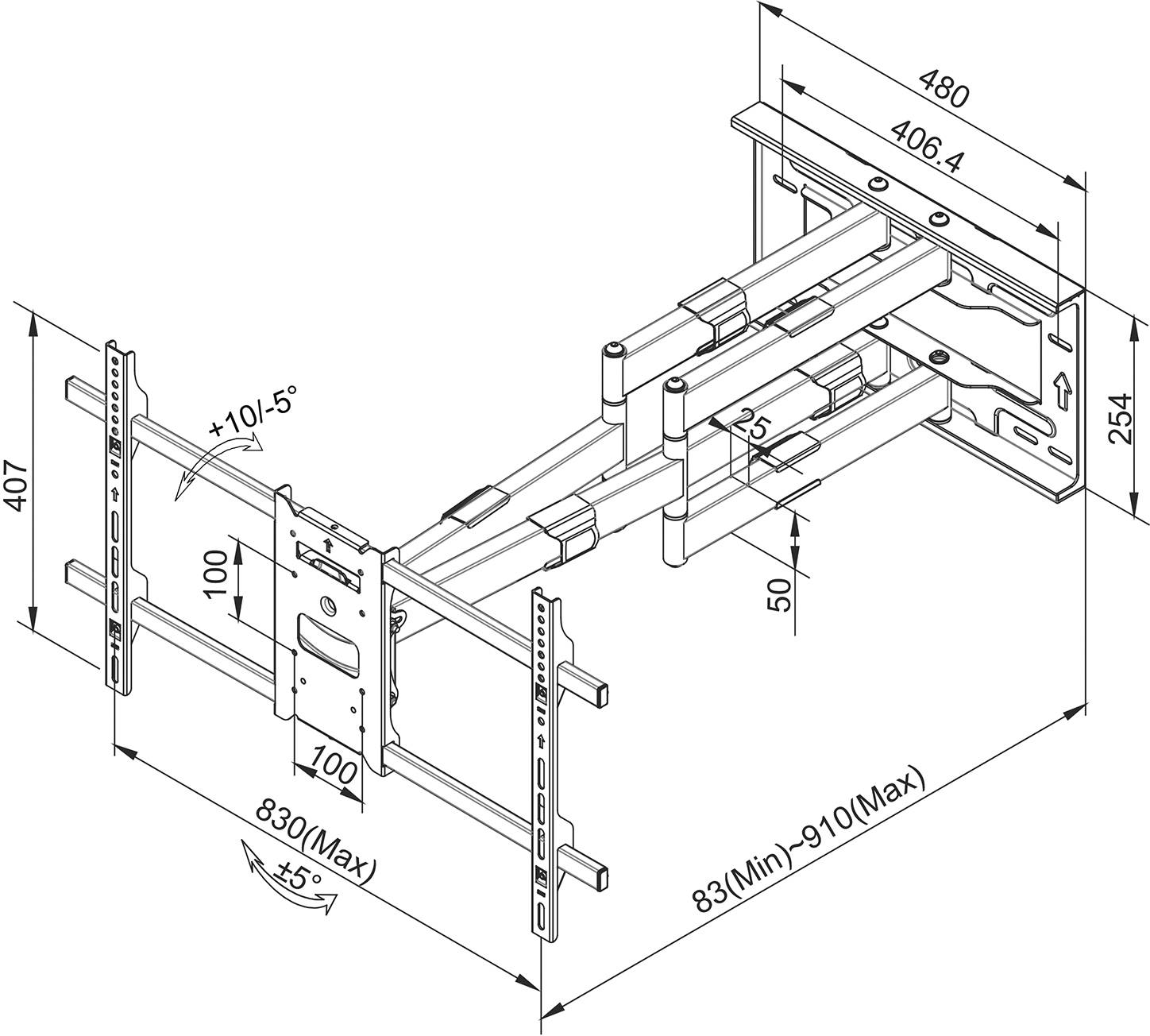 Diagram nastaviteľného TV držiaka na stenu s rozmermi v milimetroch. Znázorňuje rôzne možnosti naklonenia a otáčania.