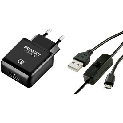 USB nabíjačka a kábel od VOLTCRAFT, model QLC-3000, s USB a Micro-USB konektormi, vhodné pre rýchle nabíjanie.