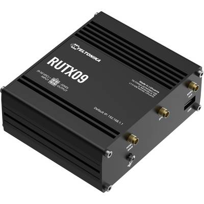 Čierny router/modem Teltonika RUTX09 zobrazený v trojštvrťovom pohľade s anténami/konektormi na boku a textom "Predvolená IP adresa: 192.168.1.1" vytlačeným na vrchu.