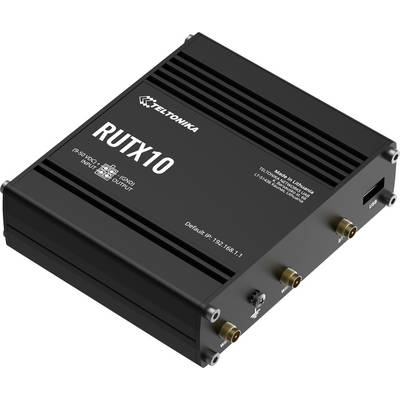 Priemyselný router/modem Teltonika RUTX10 s viacerými portami antén a Ethernetovými pripojeniami, zobrazený v produktovom uhľade z uhla.