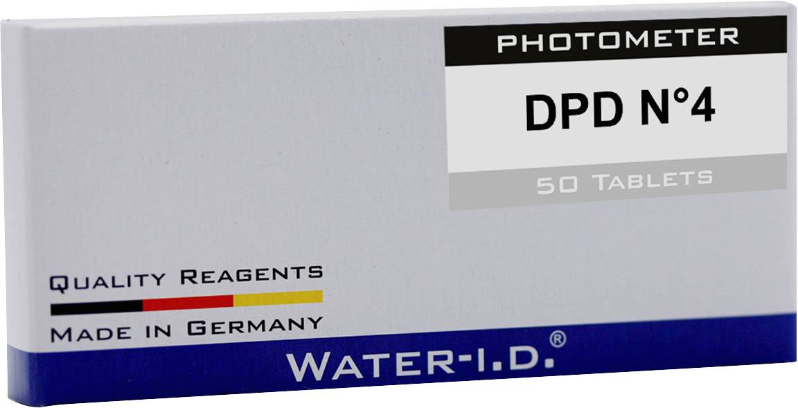 Balenie s nápisom 'FOTOMETER DPD č. 4, 50 tabliet'. Vyrobené v Nemecku spoločnosťou WATER-I.D. pre kvalitatívne reagencie.