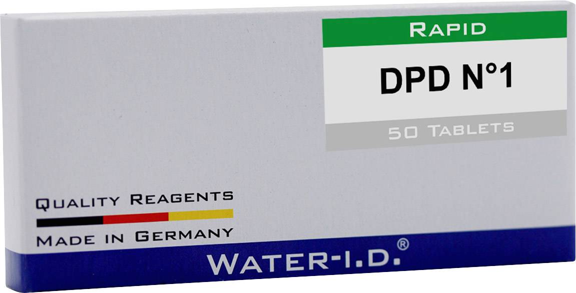 Obal s nápisom 'DPD N°1, Rapid, 50 tabliet'. Značka 'Water-ID', 'Vyrobené v Nemecku'. Obsahuje testovacie tablety.