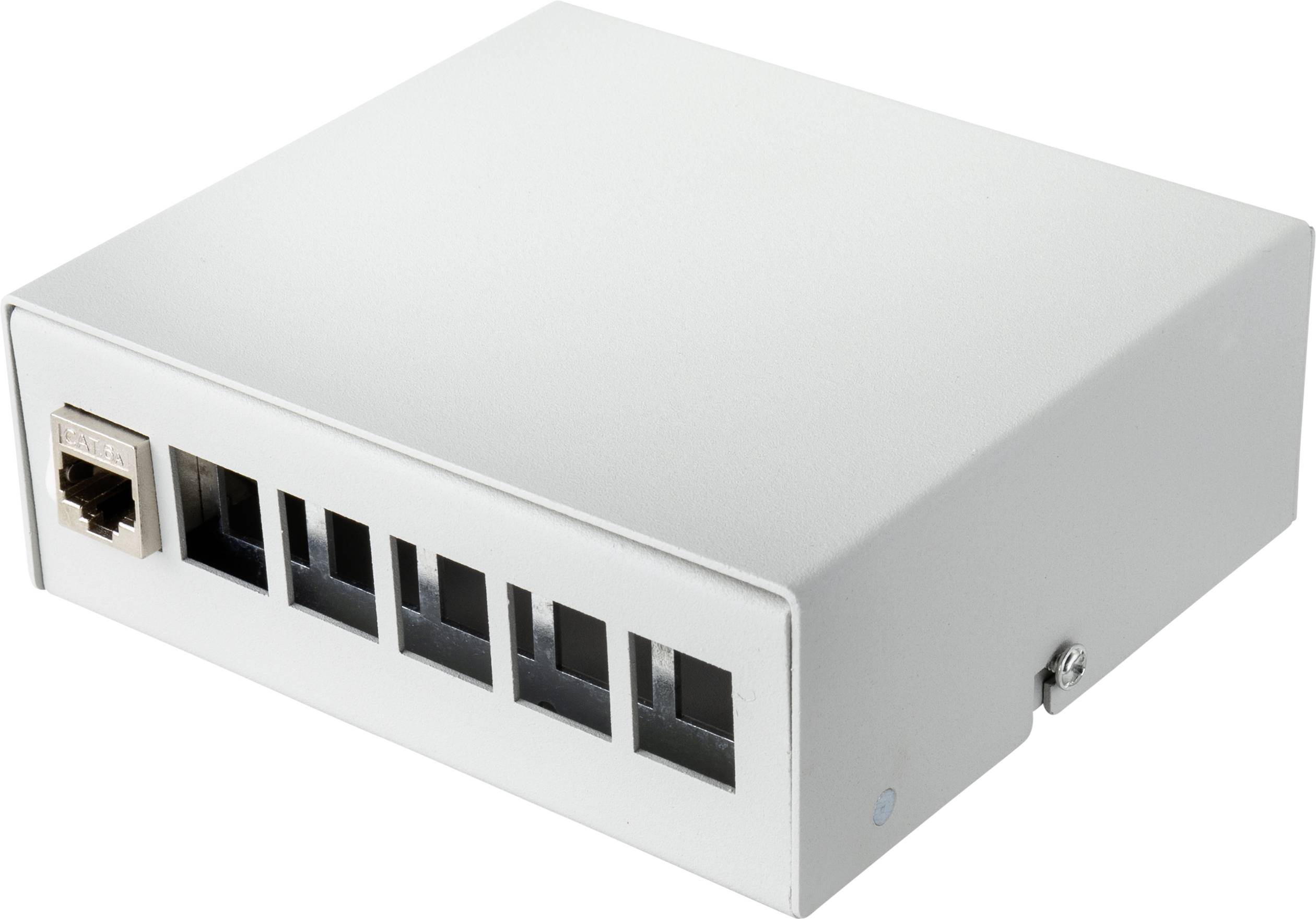 Kovový kryt pre patch panel so šiestimi portami, päť voľných a jeden s ethernetovým pripojením.