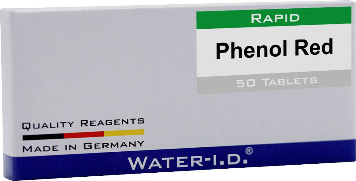 Balenie s nápisom 'Rapid Phenol Red, 50 tabliet'. Obsahuje odkaz na kvalitu a pôvod 'Vyrobené v Nemecku' od Water-I.D.