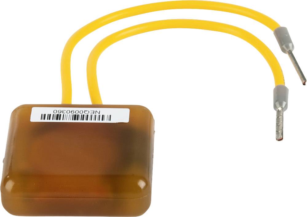 Obdĺžnikový, hnedý elektronický komponent s dvoma žltými káblami a pripájacími kontaktmi. Vhodný pre elektrické obvody.