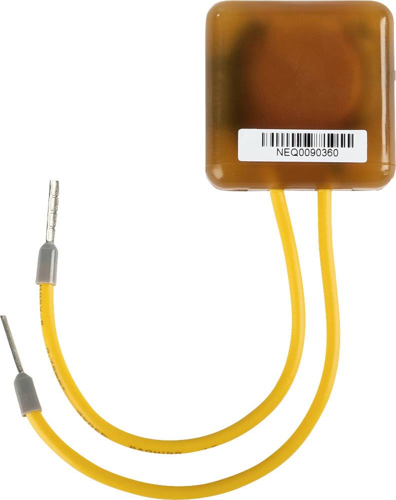 Malá, obdĺžniková elektrická súčiastka s dvoma žltými káblami a čiarovým kódom na štítku.