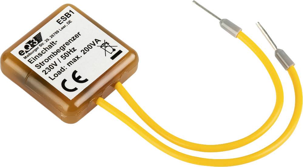 Malé, štvorhranné elektrické zariadenie s nápisom: Obmedzovač zapínacieho prúdu 230V/50Hz, Záťaž: max. 200VA.