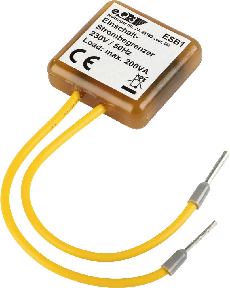 Malá, štvorcová elektrická súčiastka s dvoma žltými káblami. Označená ako 'Obmedzovač nárazového prúdu, 230V/50Hz, Záťaž: max. 200VA'.