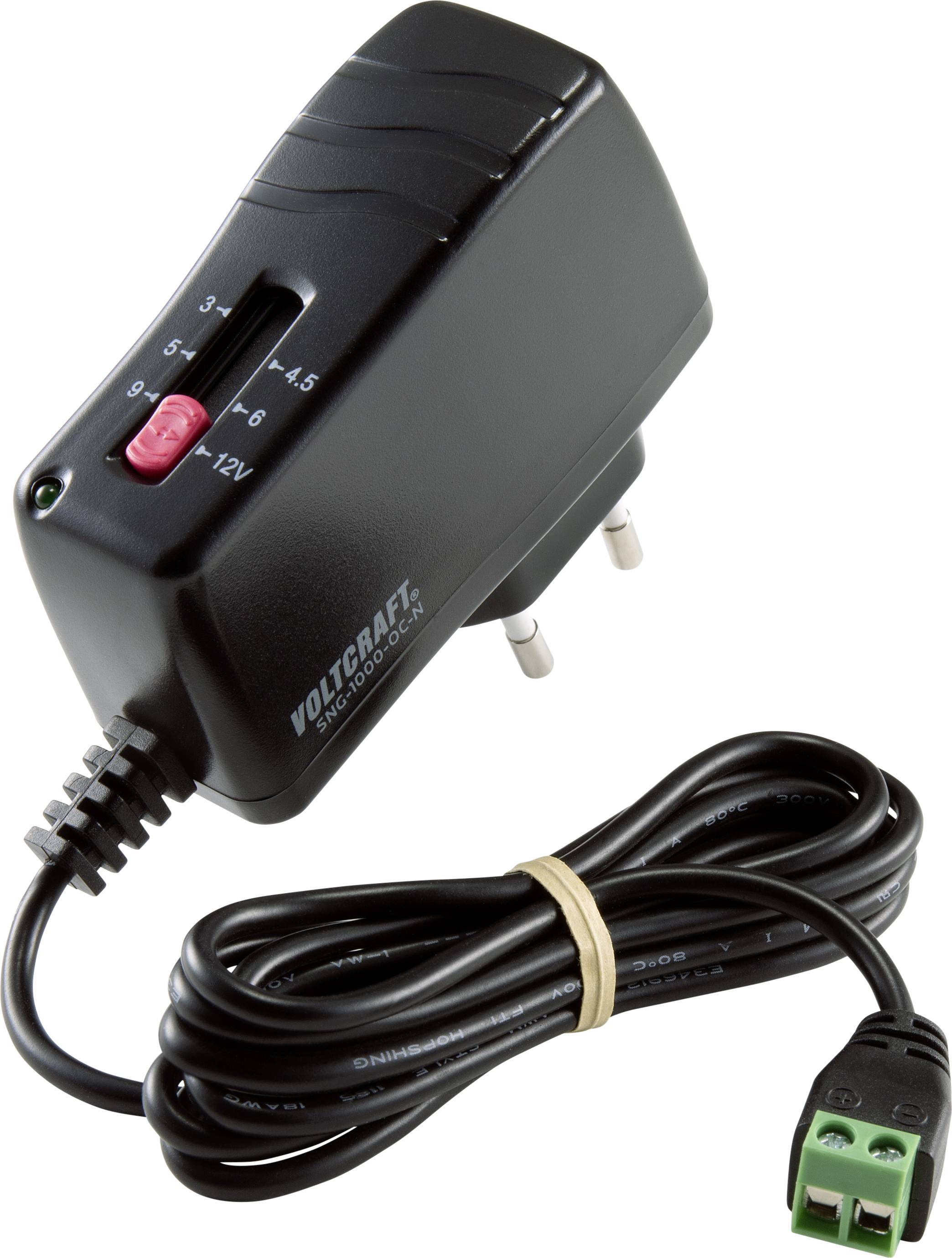 Čierna napájacia jednotka s nastaviteľným napätím od 3 do 12V. Má európsku zástrčku a kábel so zeleným konektorom.