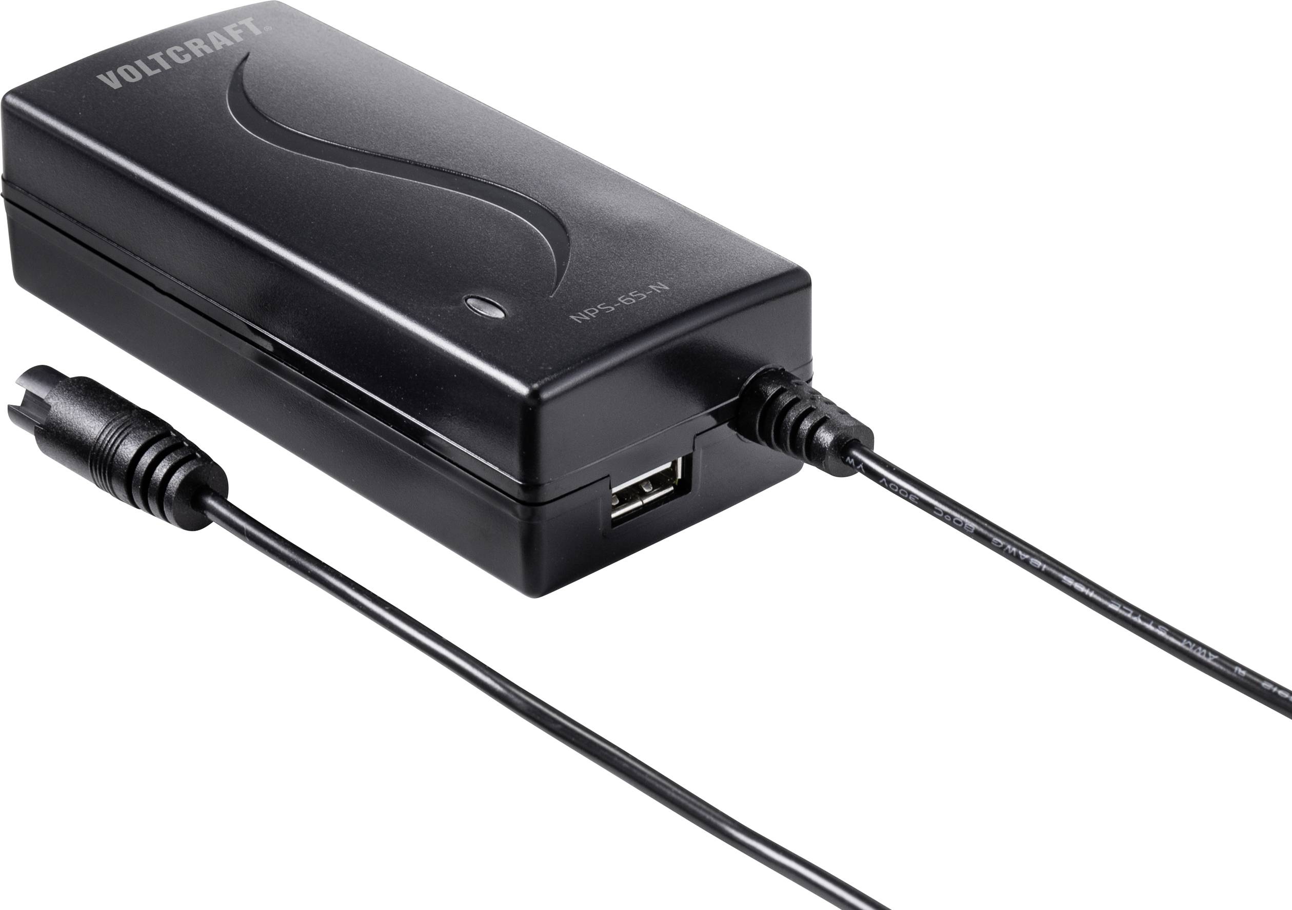 Čierna napájacia jednotka s označením Voltcraft a USB portom, prepojená káblom.