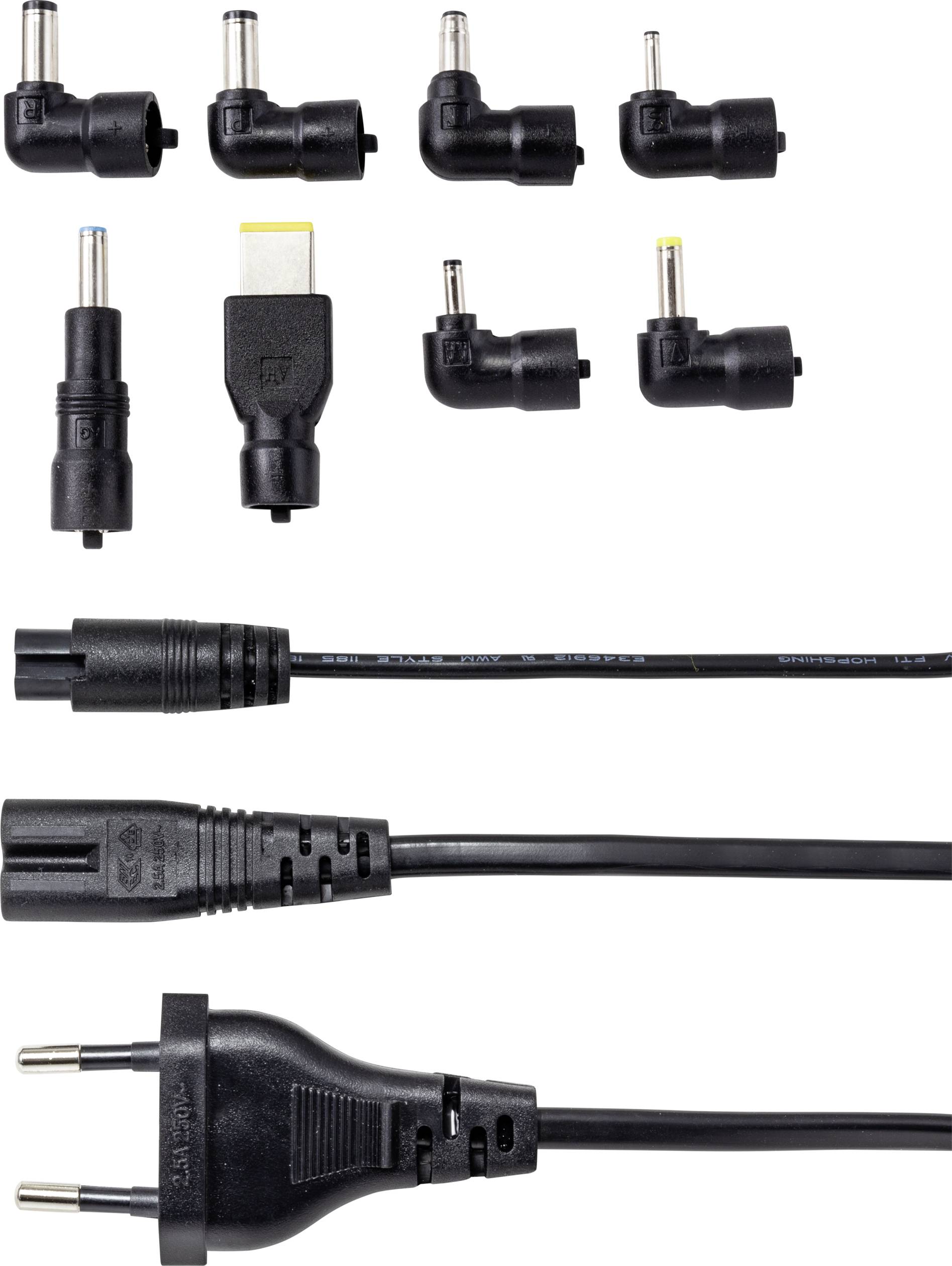 Rôzne sieťové adaptéry a káble pre elektronické zariadenia. Hore je zobrazených deväť adaptérových zástrčiek, dole dva káble so sieťovými konektormi.