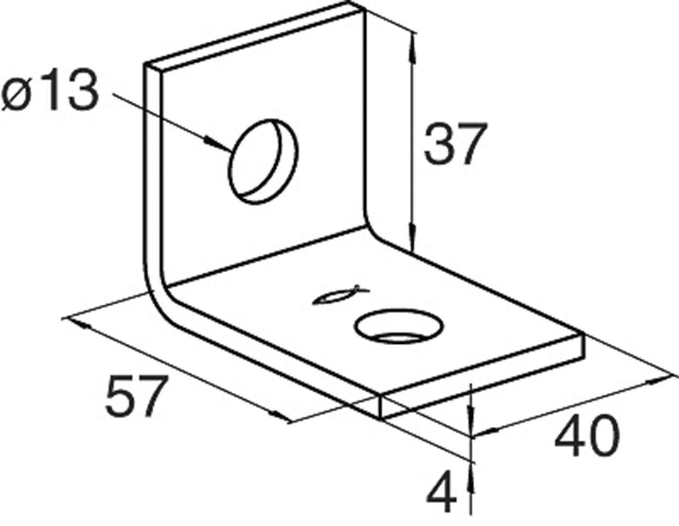 Technický výkres kovového uholníka s dvoma otvormi. Priemery otvorov sú Ø13. Rozmery: 37 mm výška, 57 mm hĺbka, 40 mm šírka.