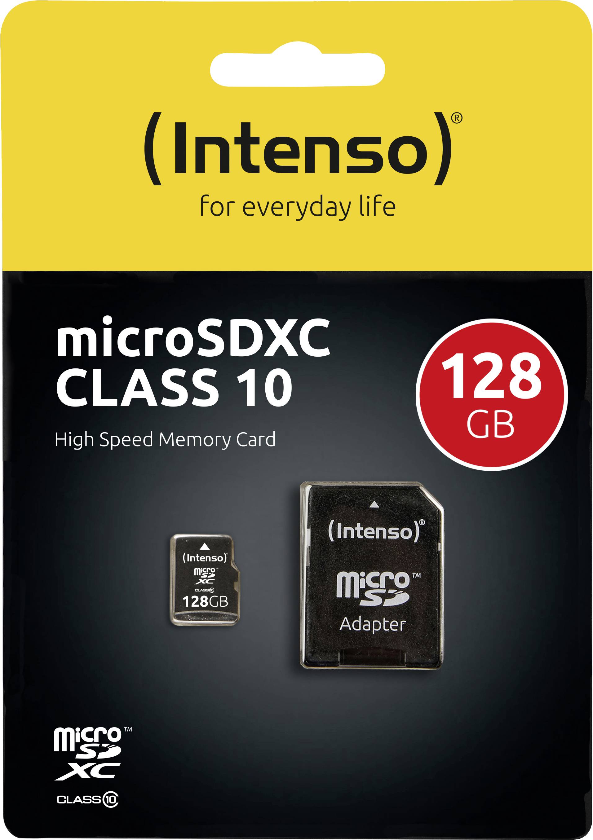 Intenso mikroSDXC pamäťová karta, trieda 10, 128 GB, vrátane adaptéra. Zabalená v žlto-čiernej krabičke s obrázkom produktu.