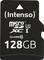 Pamäťová karta Intenso MicroSDXC 128GB Class 10 UHS-I na čiernom pozadí s bielym písmom.