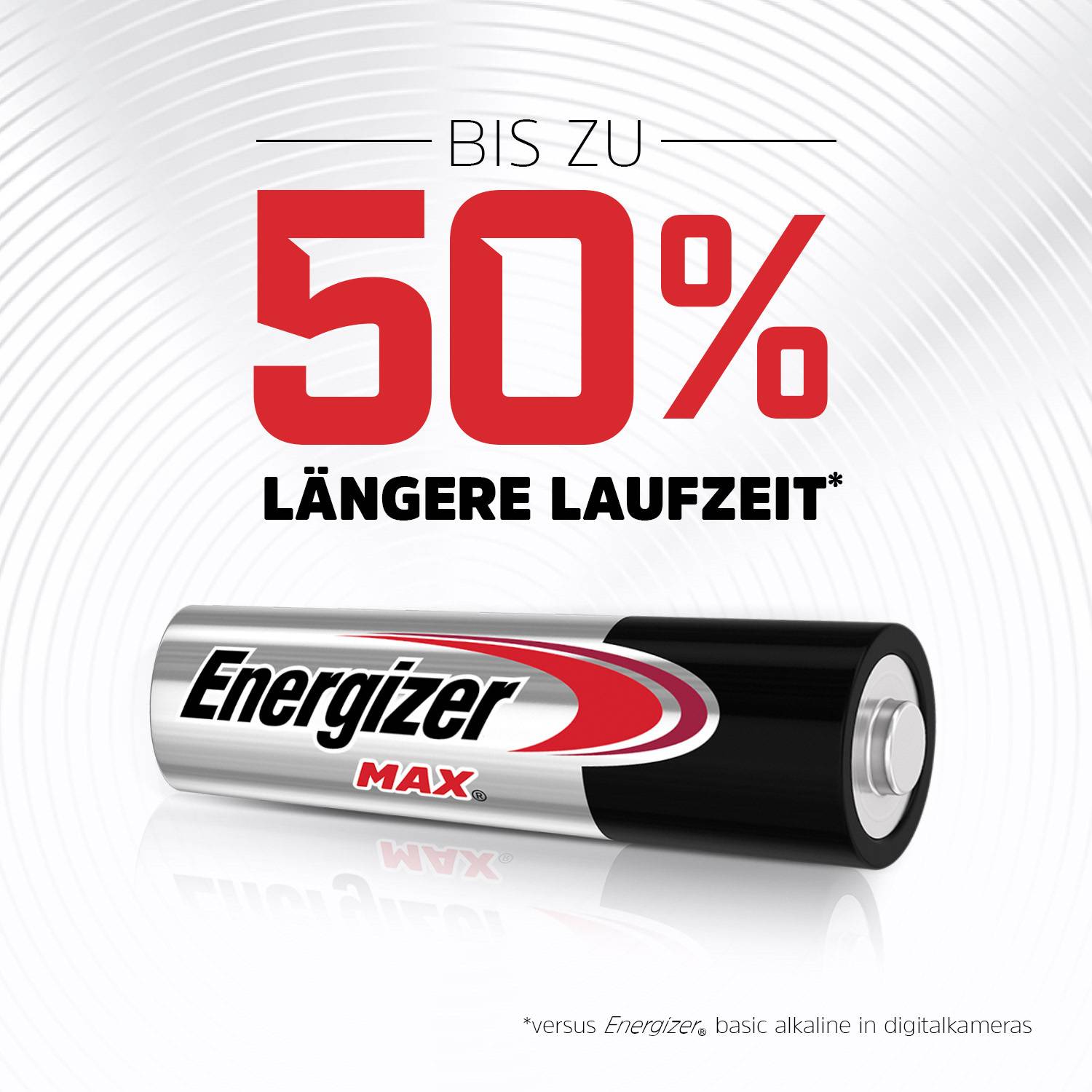 Reklama na batérie Energizer Max s tvrdením: Až o 50% dlhšia výdrž v porovnaní s alkalickými batériami Energizer v digitálnych fotoaparátoch.
