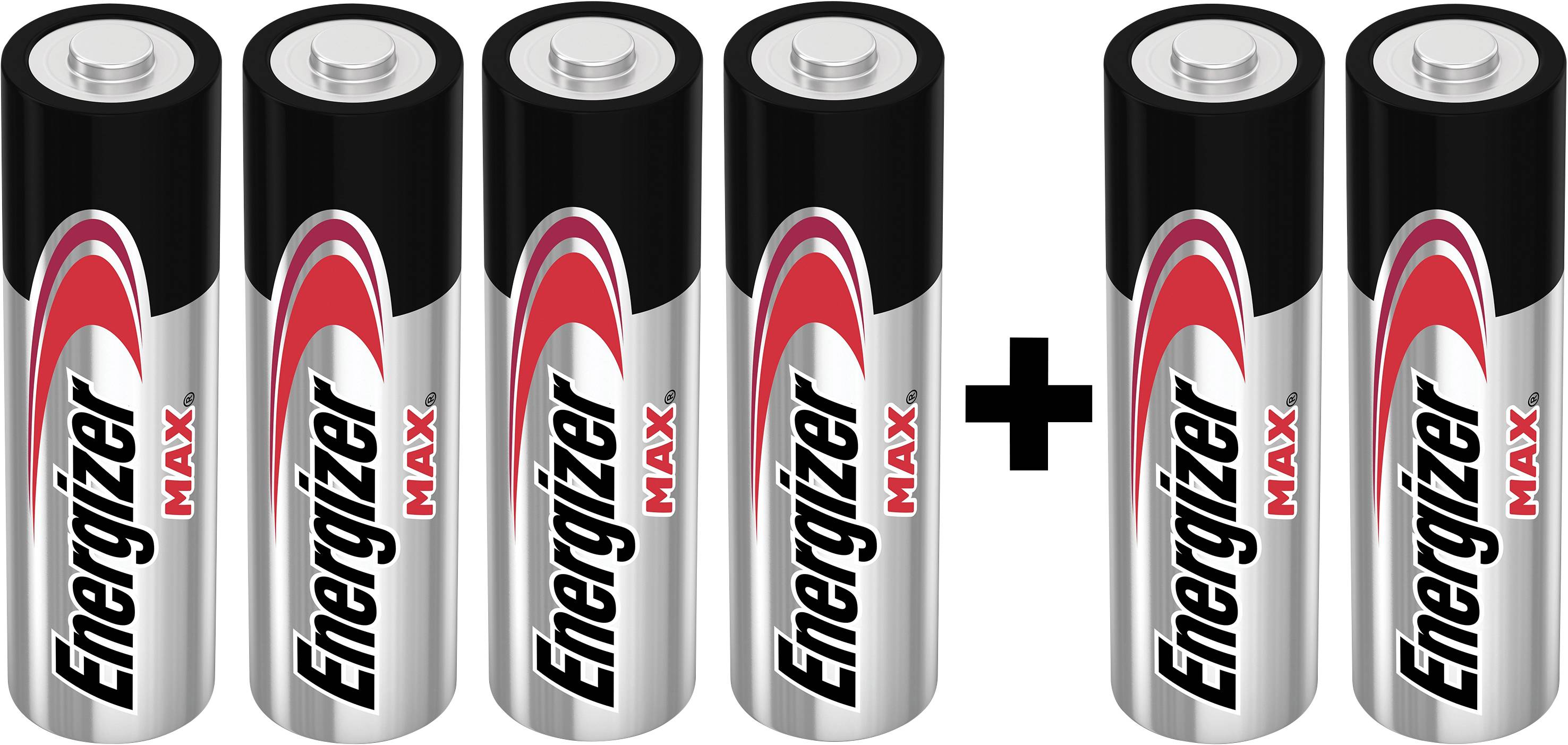 Šesť AA batérií od značky 'Energizer Max' uložených vedľa seba. Päť batérií je umiestnených priamo vedľa seba, jedna je oddelená znamienkom plus.