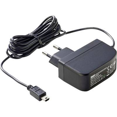 Čierna sieťová nabíjačka s európskou zástrčkou a káblom s mini-USB konektorom, vhodná pre elektronické zariadenia.