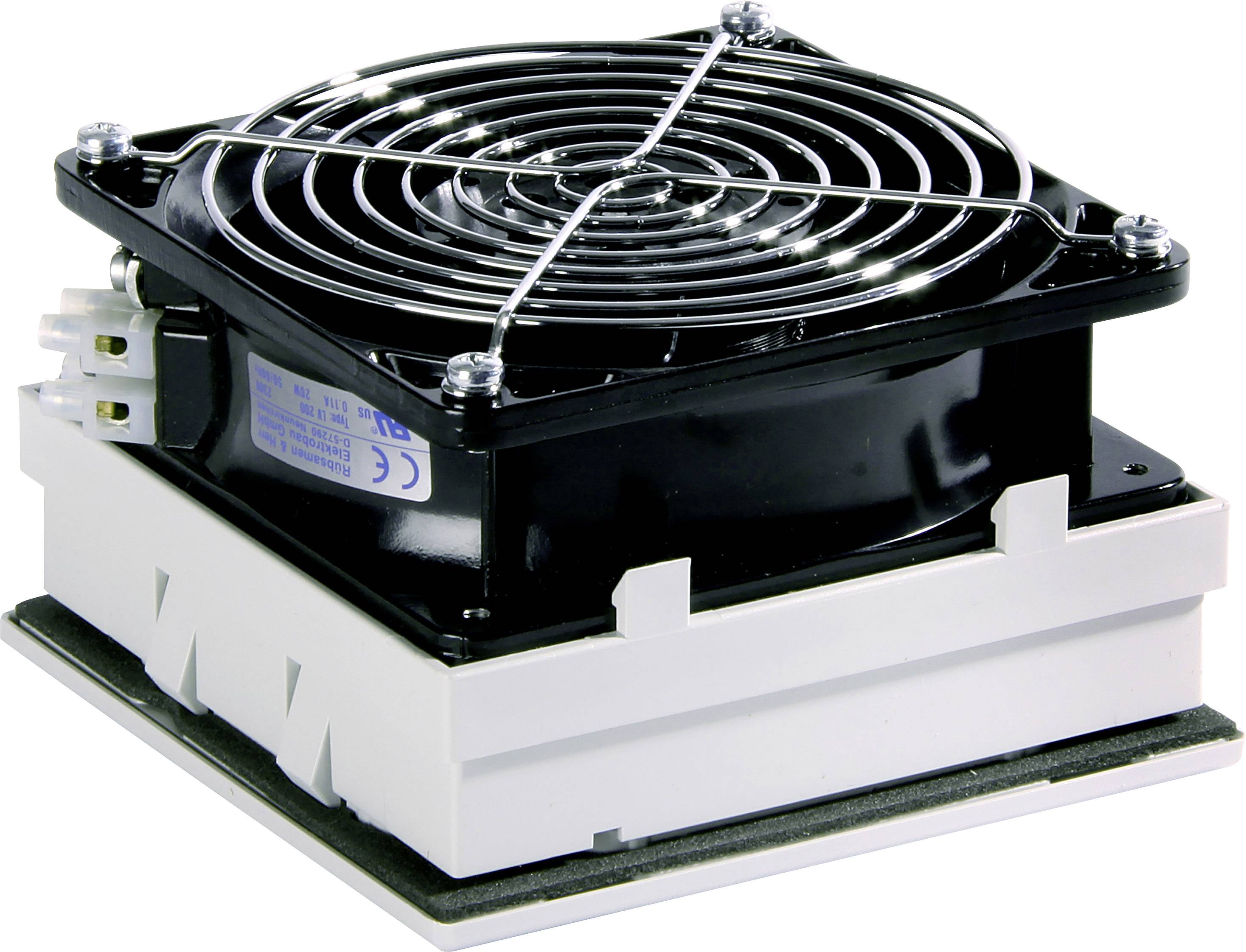 Štvorcový chladiaci ventilátor s ochranným krytom, namontovaný na bielom ráme.