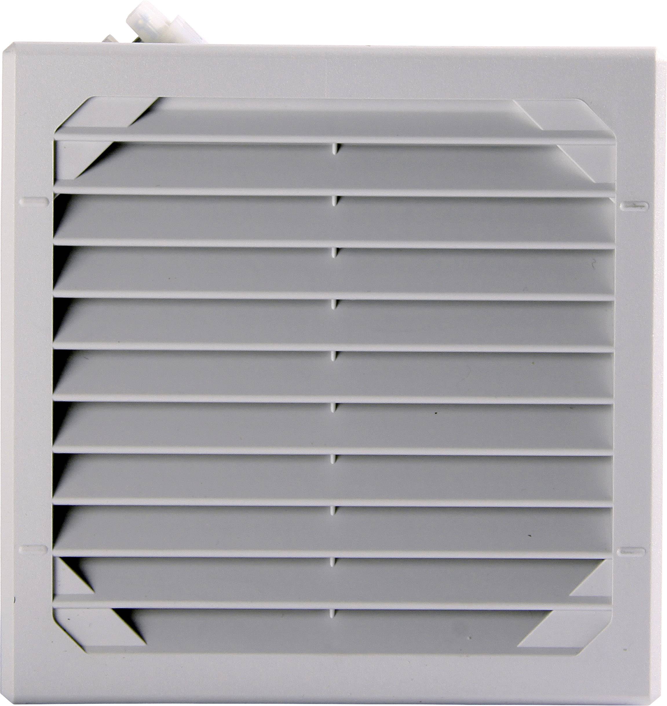 Štvorcový ventilátor s horizontálnymi lamelami. Ventilátor je úplne uzavretý a má pripojenie v hornom rohu.
