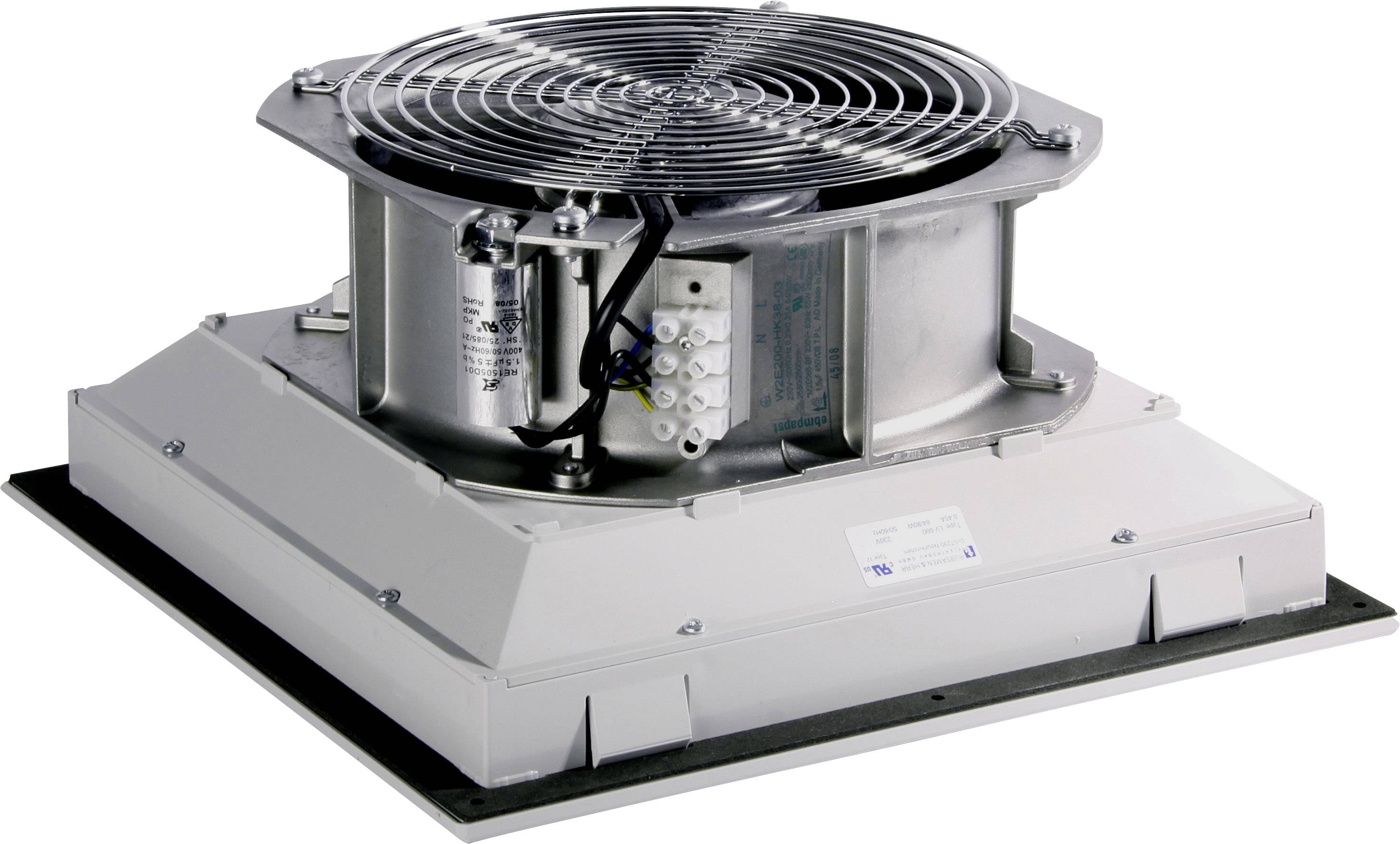 Priemyselný ventilátor s kovovým krytom a ochrannou mriežkou na obdĺžnikovej základni, určený na vetranie budov.