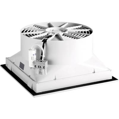 Priemyselný stropný ventilátor v bielej farbe s obdĺžnikovou základňou, centrálnym ventilátorovým listom a pripojeným kondenzátorom vľavo.