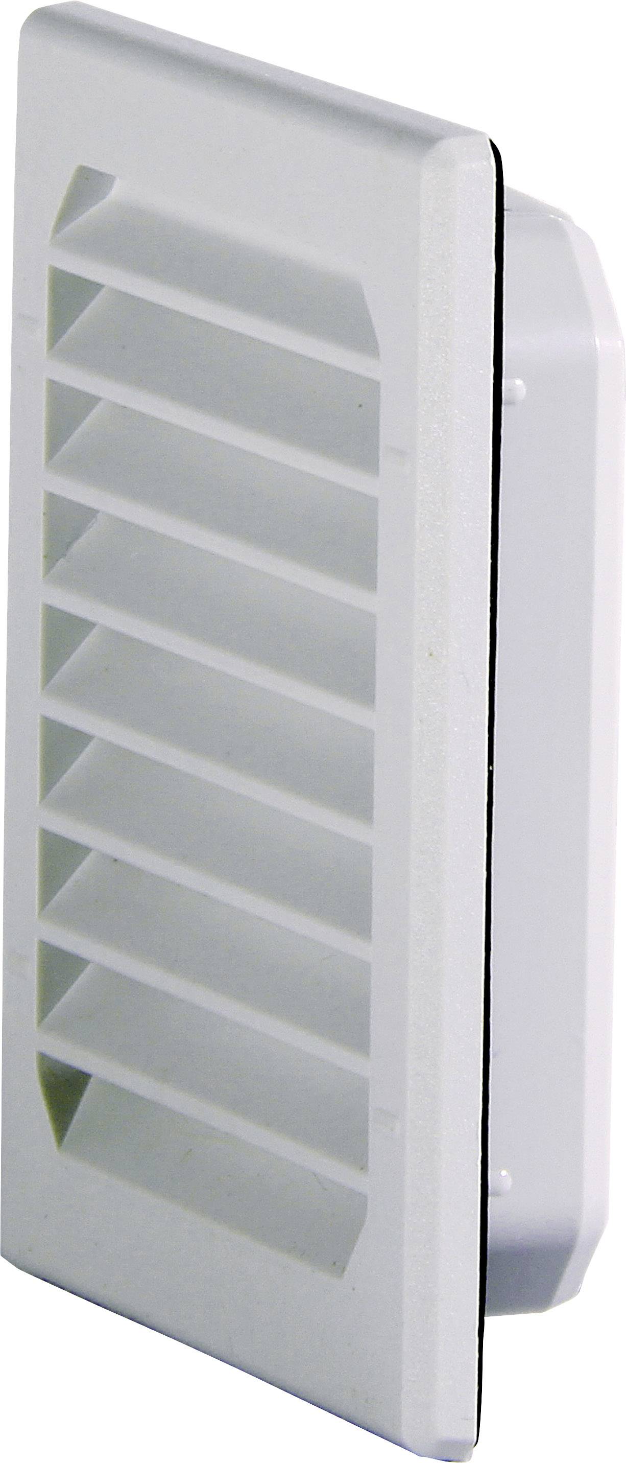 Biela pravouhlá vetracia mriežka so šikmými lamelami, určená pre ventilačné systémy.