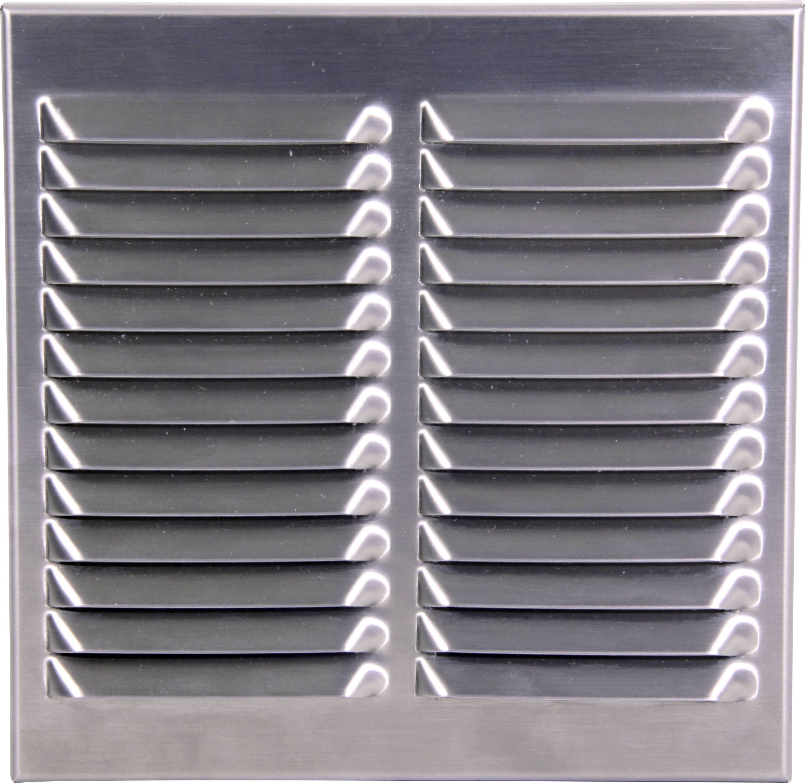 Kovový ventilačný mriežkový kryt s horizontálnymi lamelami, symetricky usporiadaný, určený na vetranie v rôznych prostrediach.