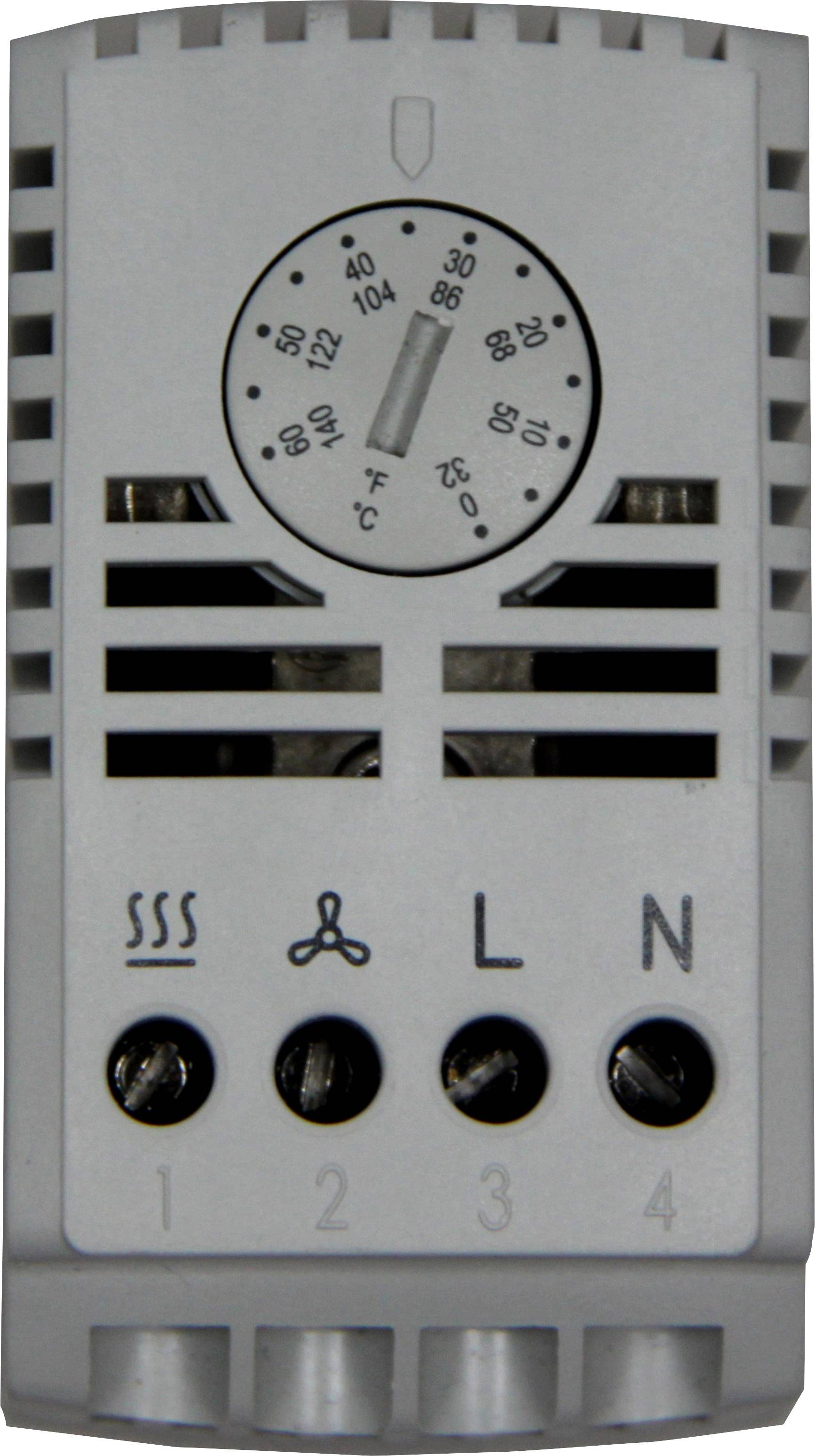 Šedé regulačné zariadenie teploty s otočným gombíkom, ktorý zobrazuje teploty od 0 do 120 °F. Pod ním symboly pre kúrenie, ventilátor a prípojky.