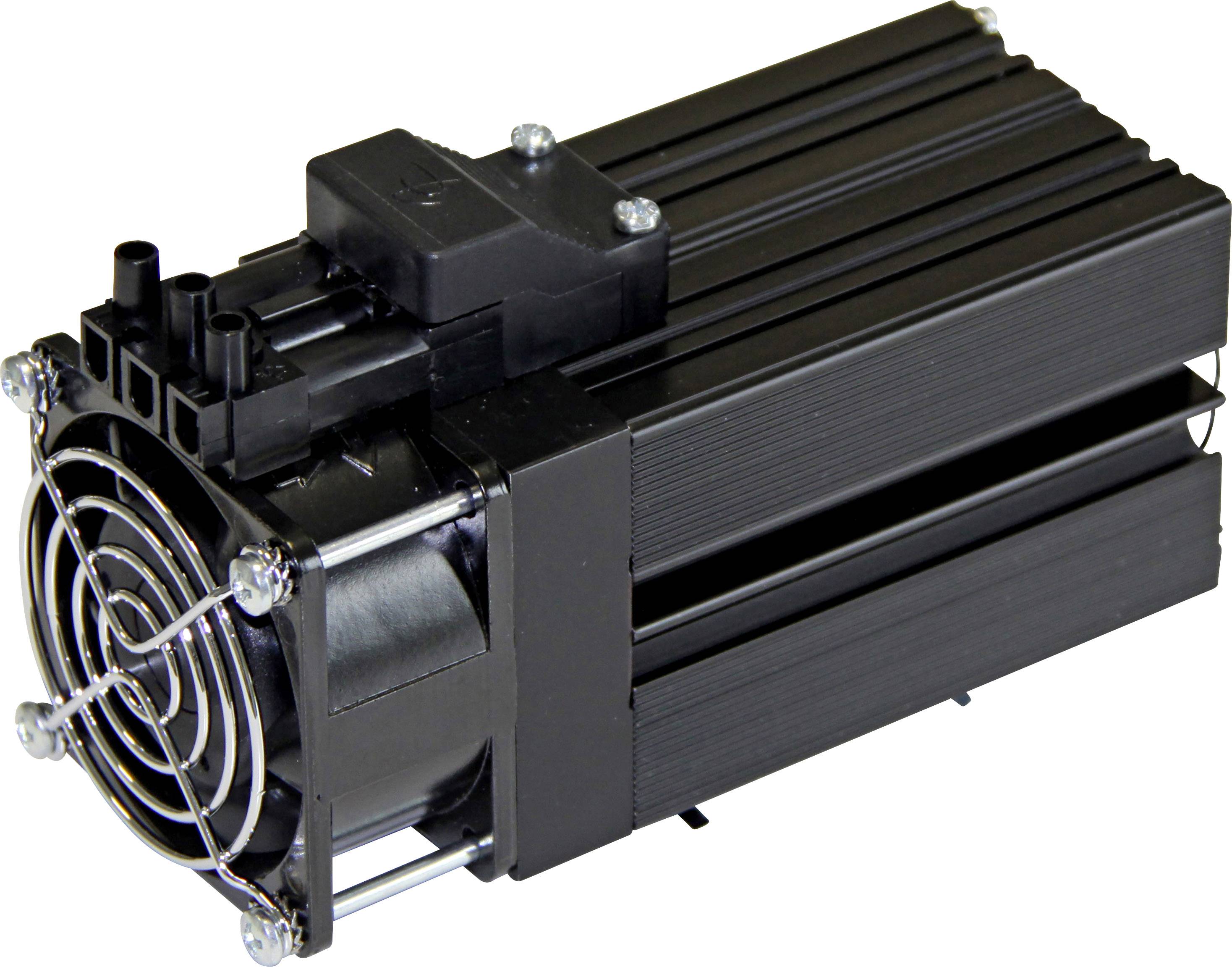Elektrický kompresor s ventilátorom, čierne teleso, obdĺžnikový tvar. Primárne používaný na dodávku stlačeného vzduchu.