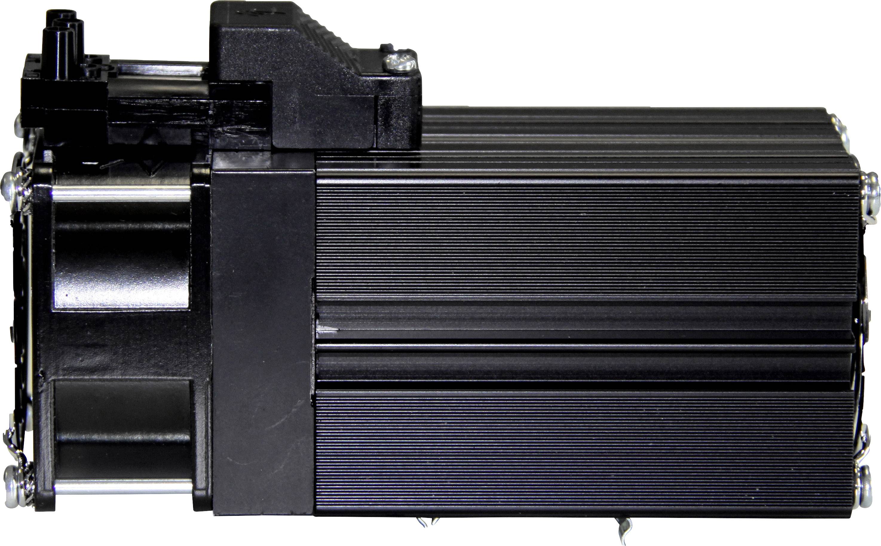 Čierny elektromotor s hliníkovým krytom a upevňovacími prvkami. Motor je zobrazený z bočného pohľadu.
