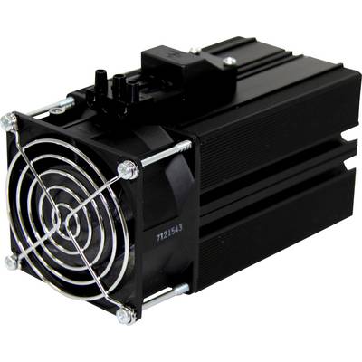 Čierny elektrický ventilátor s kovovým krytom, používaný na chladenie zariadení; obdĺžnikový tvar so zaoblenými rohmi.