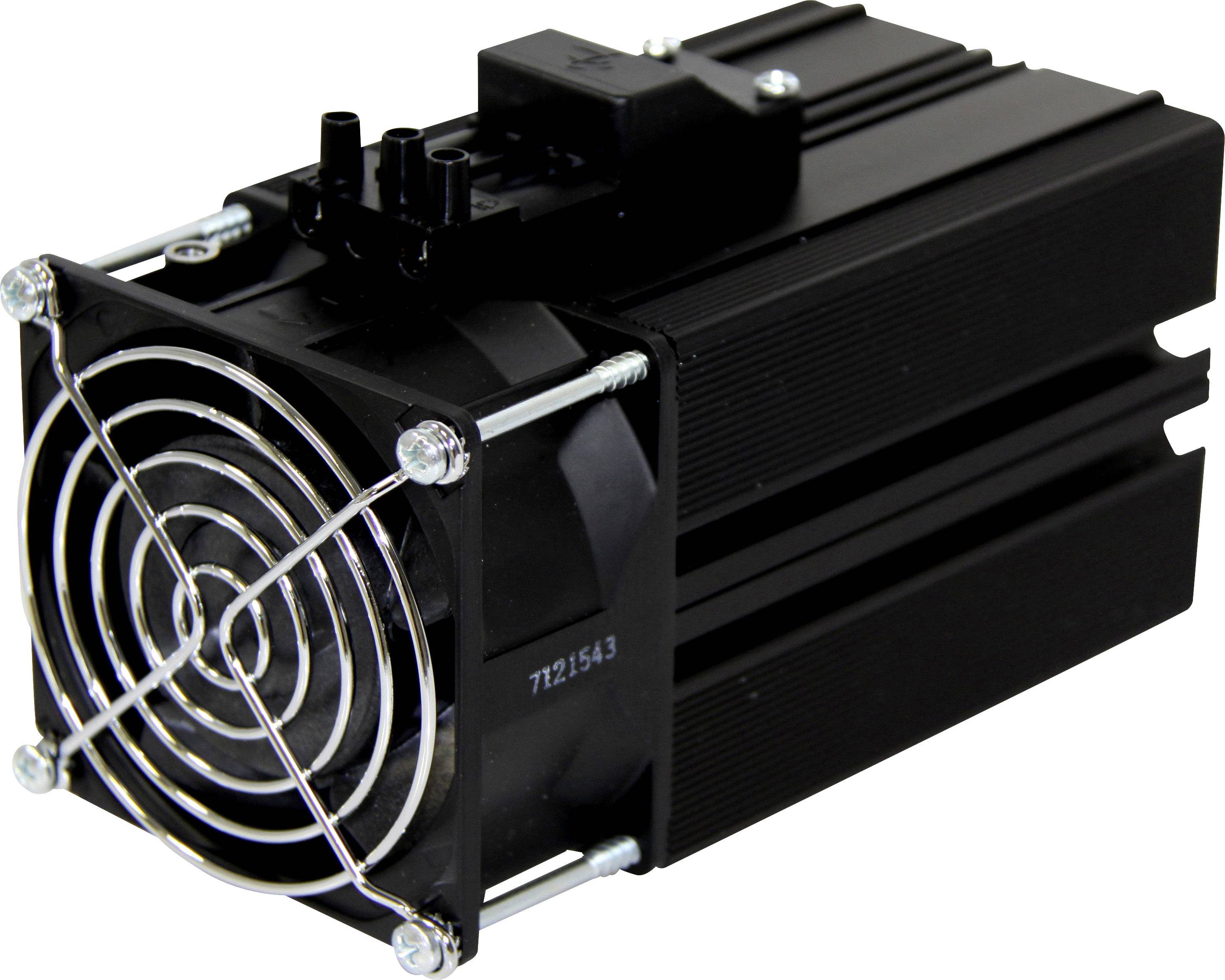 Čierny chladič s ventilátorom, pravdepodobne súčasť elektronického zariadenia na odvádzanie tepla.